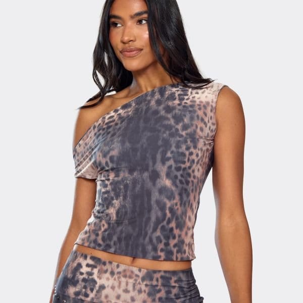 EGO Asymmetric Double Layered Fitted Top In Brown Animal Print, Women's Size UK 6 - 2