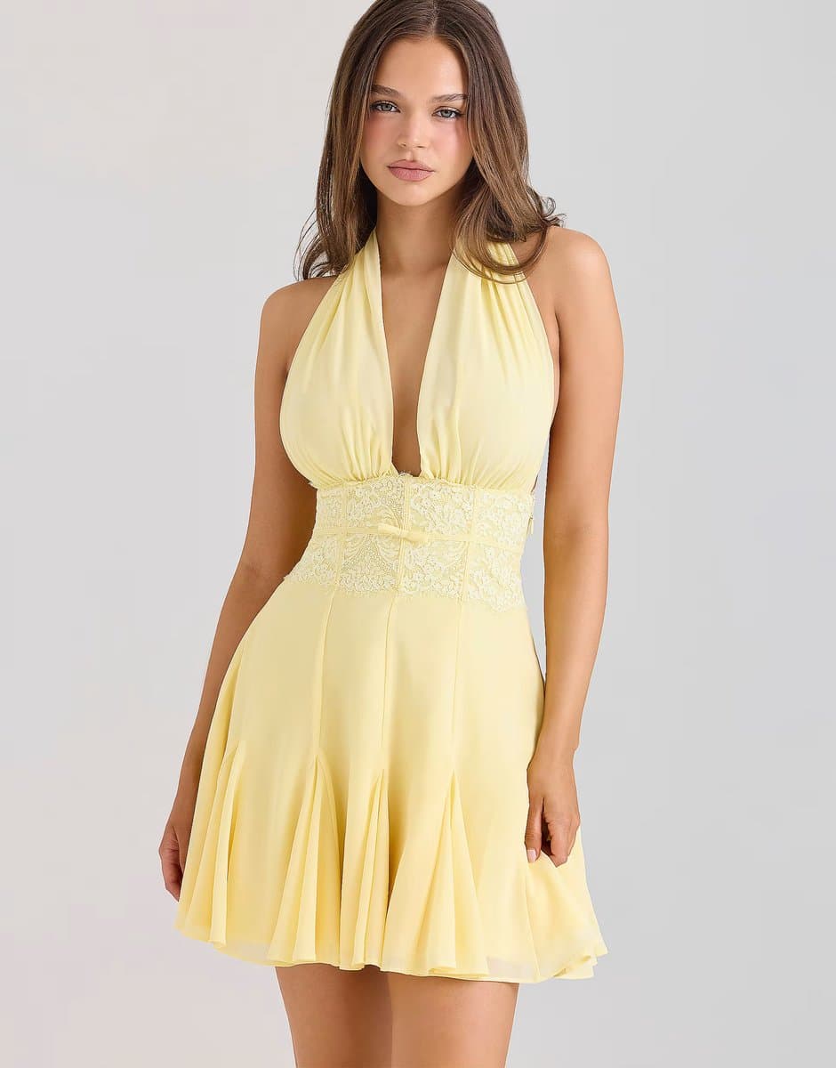 ASOS House of CB Ailani butter yellow georgette halter neck mini dress in butter yellow