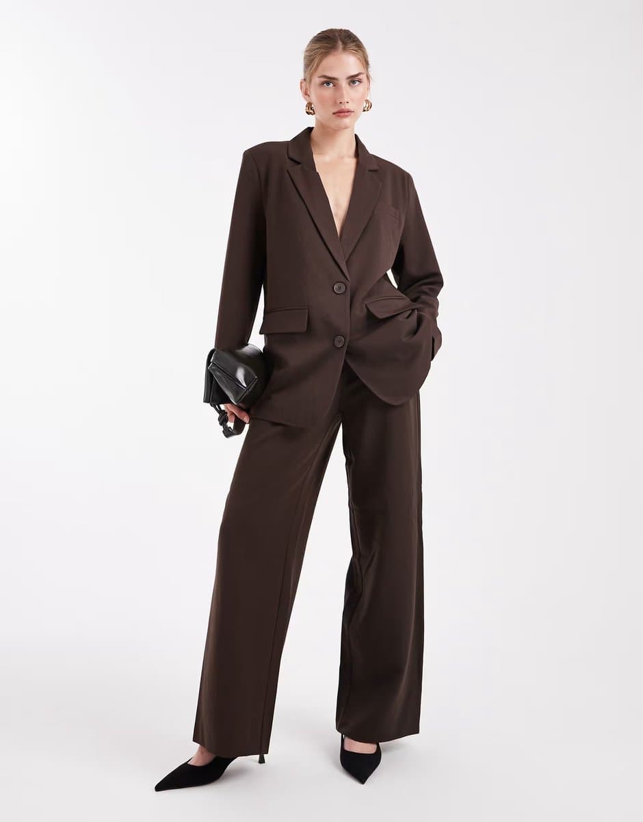 ASOS Pieces oversized tailored blaxer and trouser suit co-ord in chocolate brown