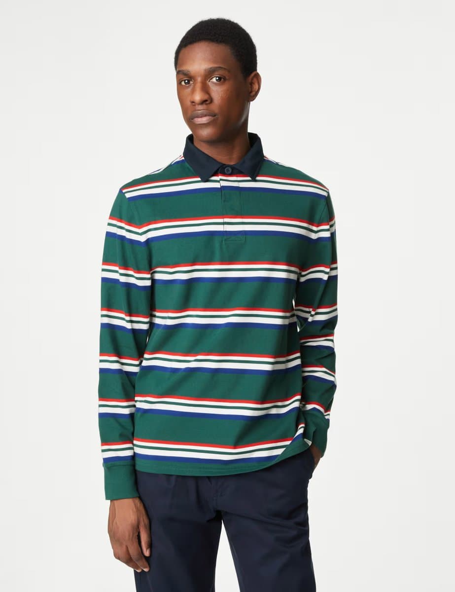 Marks & Spencer M&S Pure Cotton Striped Rugby Shirt Green Mix