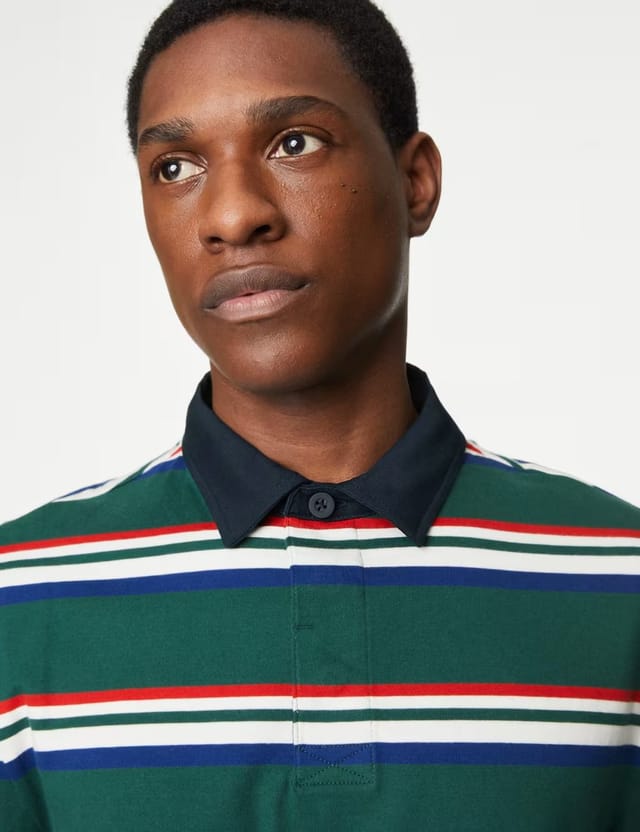 Marks & Spencer M&S Pure Cotton Striped Rugby Shirt Green Mix - 3