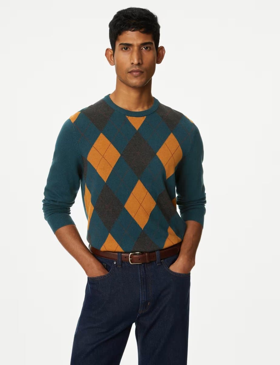 Marks & Spencer M&S Pure Cotton Argyle Crew Neck Jumper Teal Mix