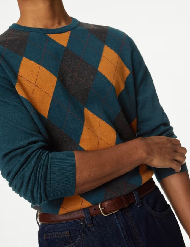 Marks & Spencer M&S Pure Cotton Argyle Crew Neck Jumper Teal Mix - 2