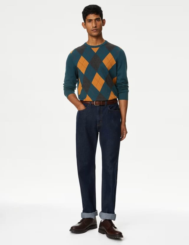 Marks & Spencer M&S Pure Cotton Argyle Crew Neck Jumper Teal Mix - 3