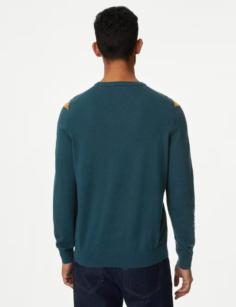 Marks & Spencer M&S Pure Cotton Argyle Crew Neck Jumper Teal Mix - 4