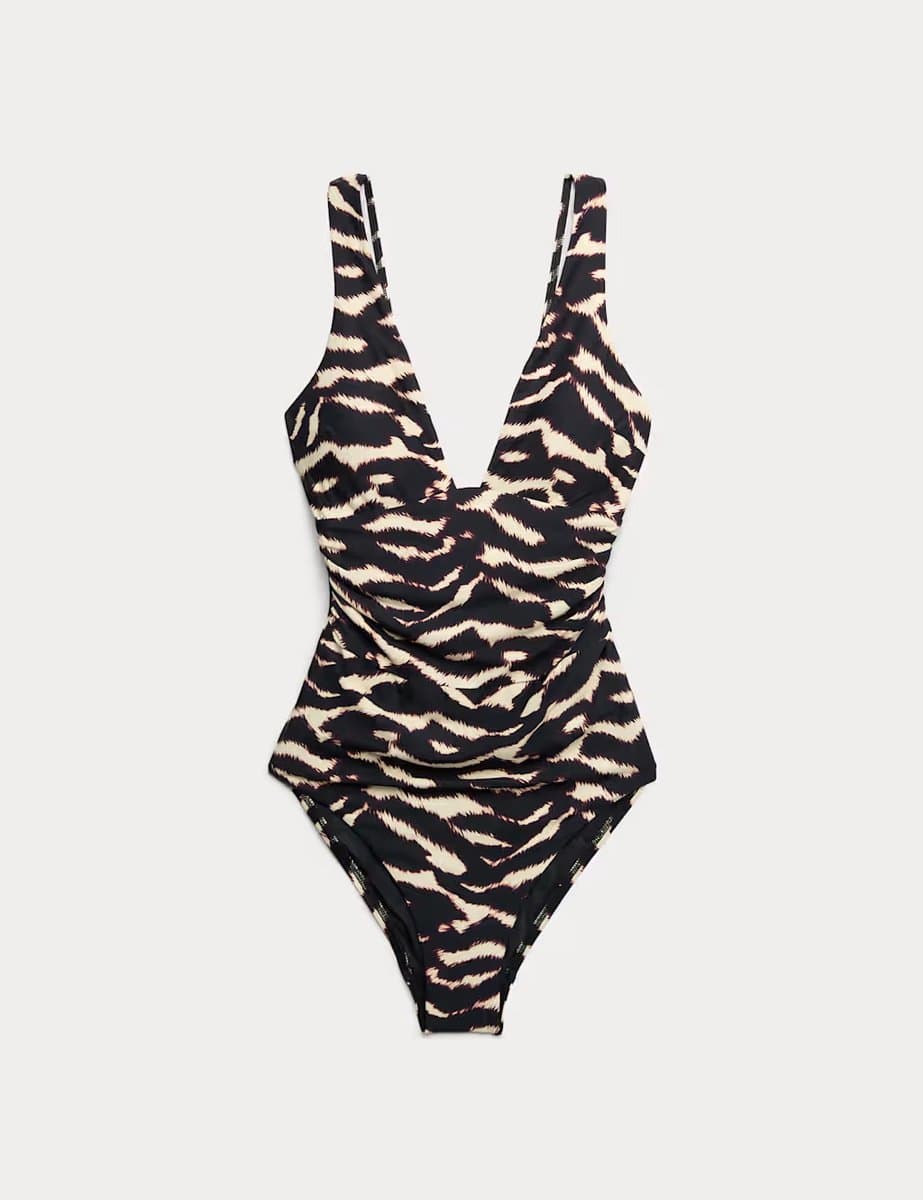 Marks & Spencer M&S Tummy Control Printed Deep Plunge Swimsuit Brown Mix
