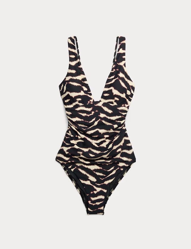Marks & Spencer M&S Tummy Control Printed Deep Plunge Swimsuit Brown Mix - 2