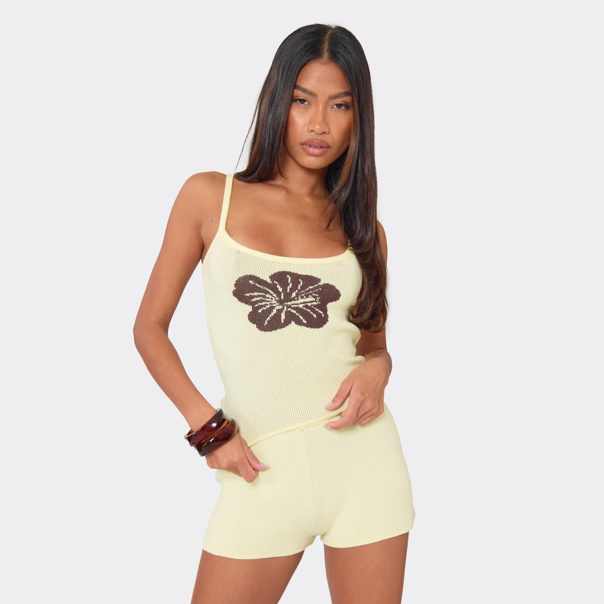 EGO Scoop Neck Floral Detail Strappy Top In Lemon Yellow Knit, Women's Size UK L