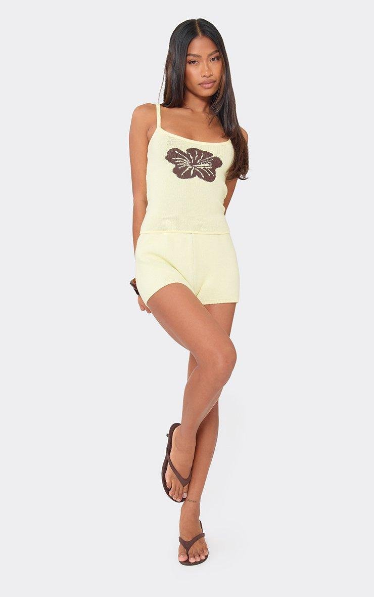 EGO Scoop Neck Floral Detail Strappy Top In Lemon Yellow Knit, Women's Size UK L - 2