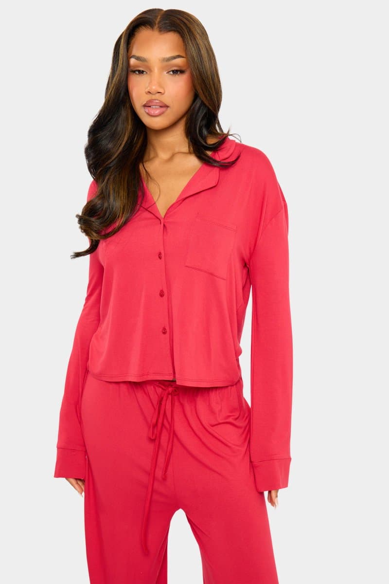 Kaiia Kaiia Supersoft Slouchy Button Up Pyjama Shirt Red
