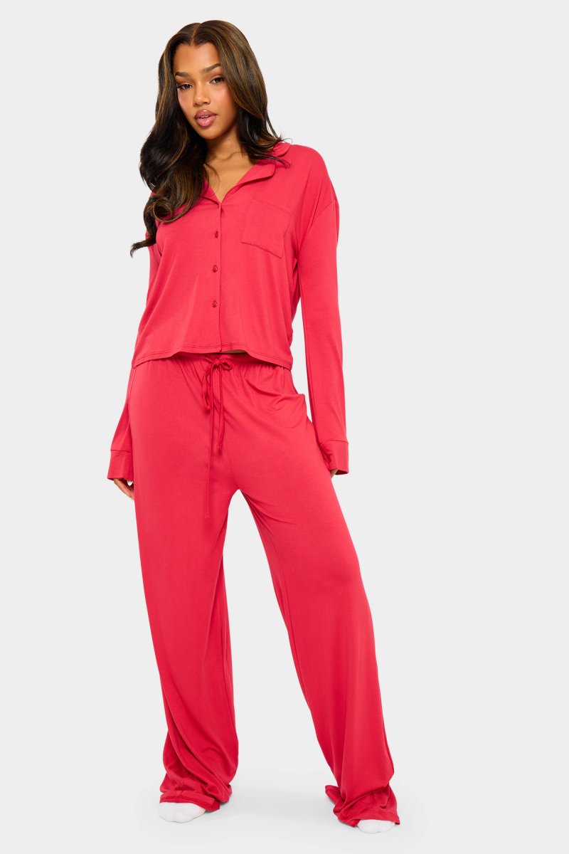 Kaiia Kaiia Supersoft Slouchy Button Up Pyjama Shirt Red - 3
