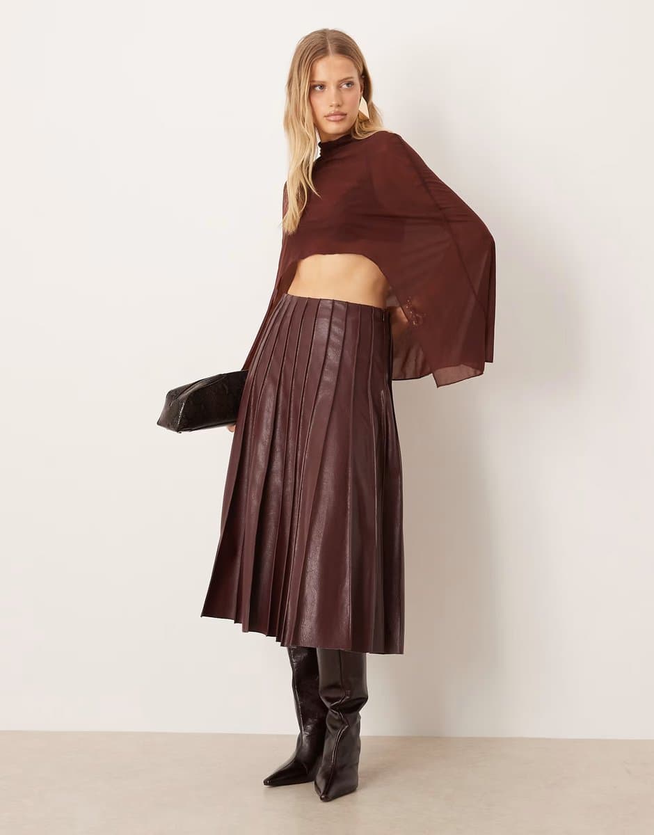 ASOS Mango pleated faux leather maxi skirt in burgundy