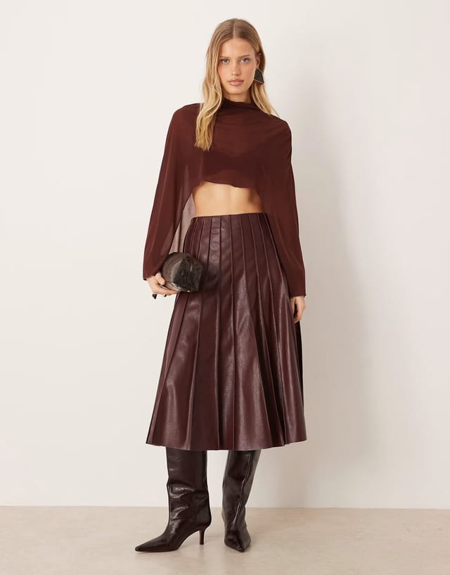 ASOS Mango pleated faux leather maxi skirt in burgundy - 2