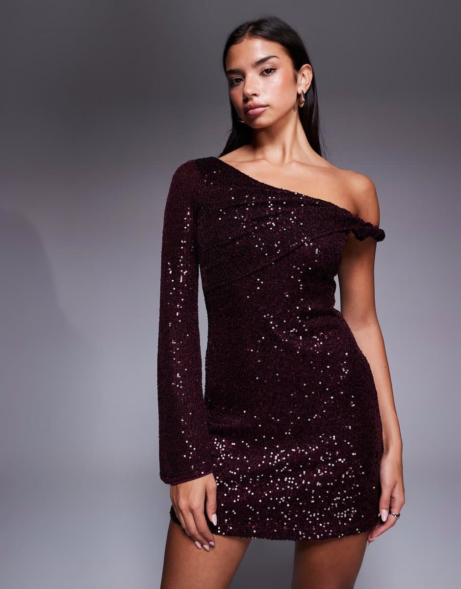 ASOS ASOS DESIGN sequin one shoulder mini dress with twist detail in burgundy