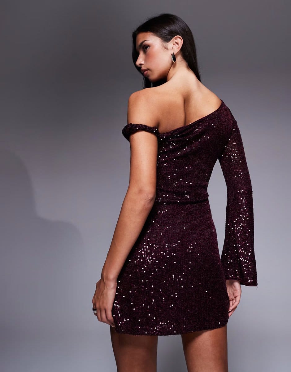 ASOS ASOS DESIGN sequin one shoulder mini dress with twist detail in burgundy - 4