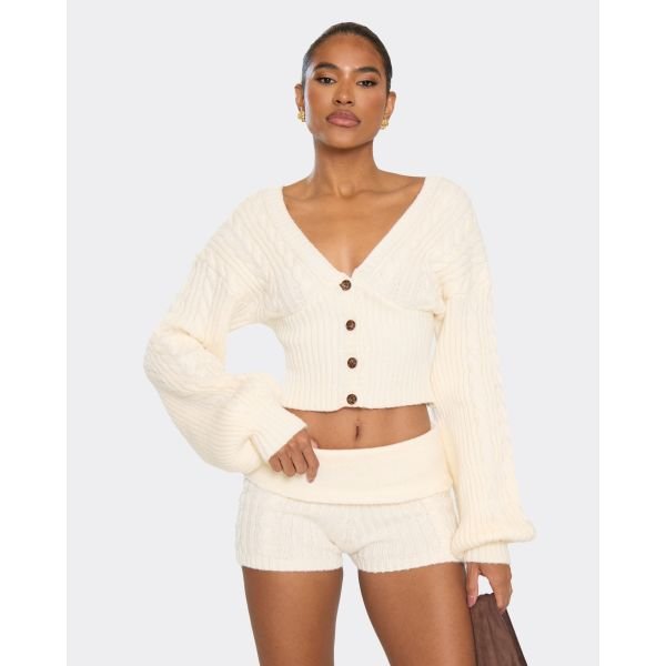 EGO Balloon Sleeve V Neck Button Front Cinched Waist Cardigan In Cream Cable Knit, Women's Size UK Large L - 2