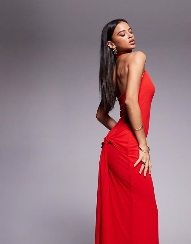 ASOS Forever New high cowl neck knot drape detail back maxi dress in red - 3