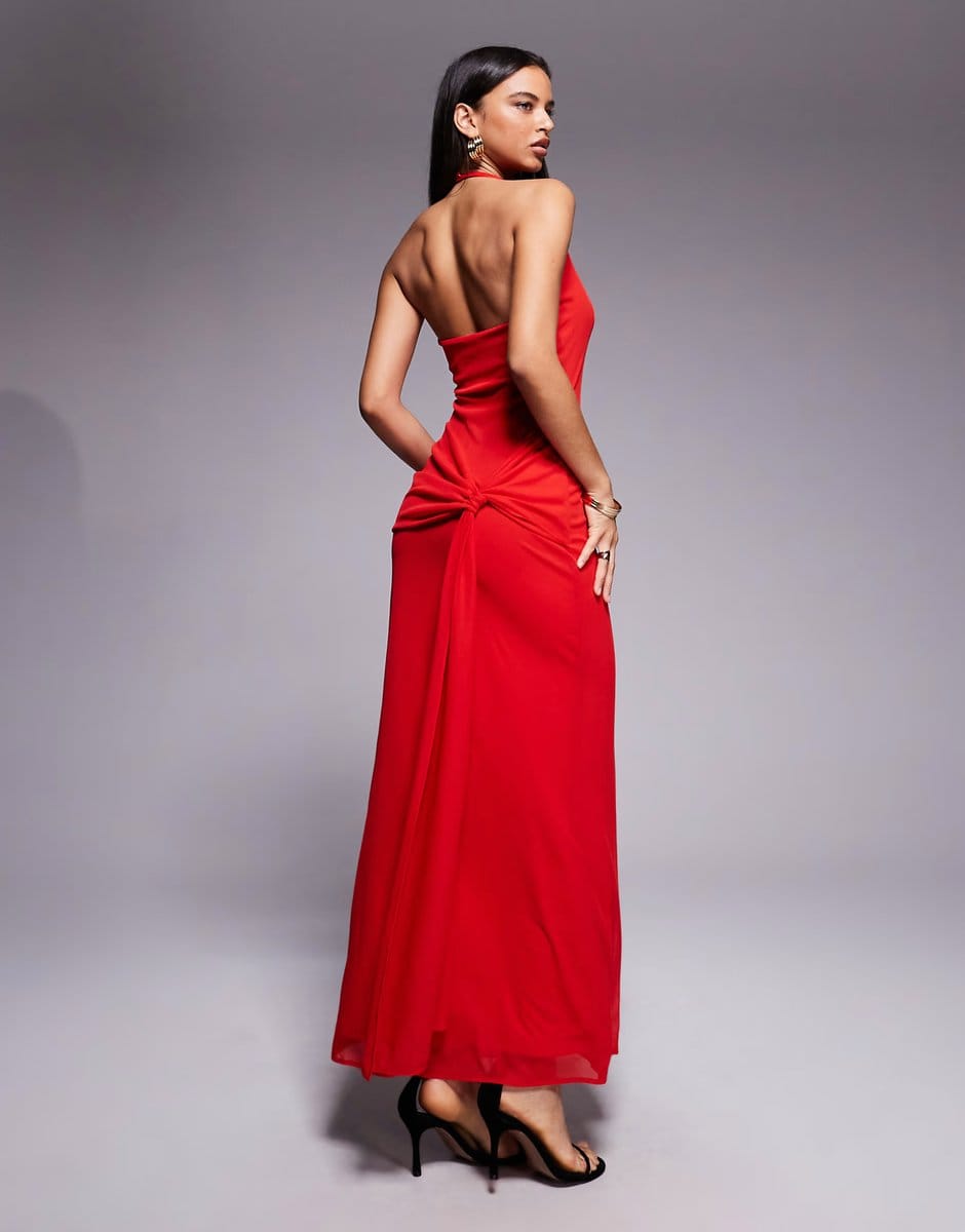 ASOS Forever New high cowl neck knot drape detail back maxi dress in red - 4