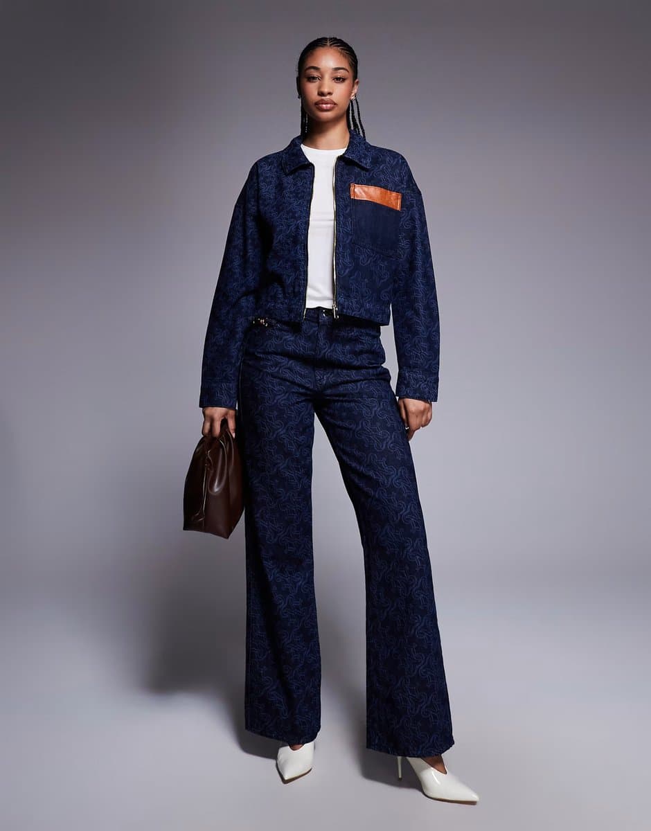 ASOS River Island mongrammed denim jacket and jean co-ord in medium blue