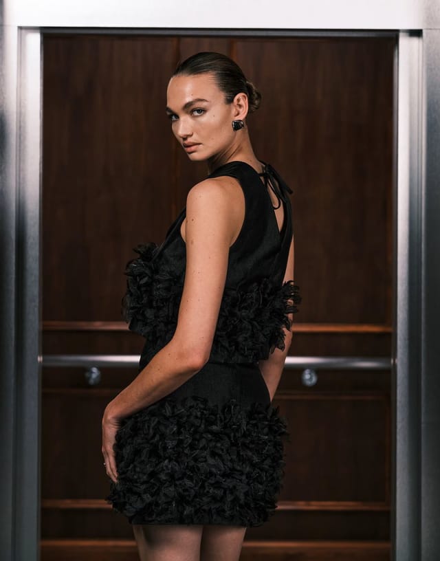 ASOS Sister Jane Plume organza 3D floral crop top co-ord in black - 3