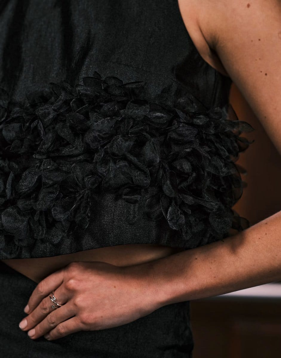 ASOS Sister Jane Plume organza 3D floral crop top co-ord in black - 4