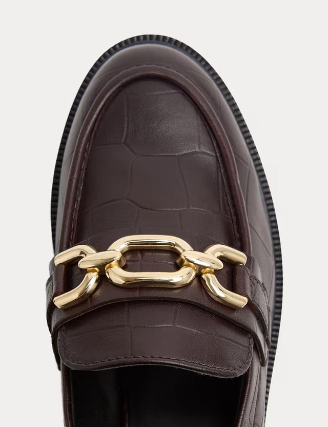 Marks & Spencer M&S Leather Croc Trim Flat Loafers Burgundy - 2