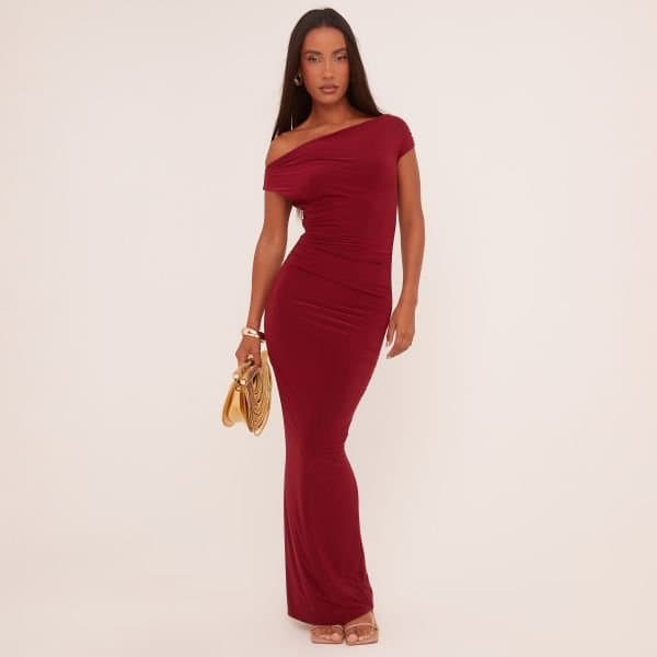 EGO Asymmetric One Shoulder Ruched Detail Maxi Dress In Wine Slinky, Women's Size UK 4