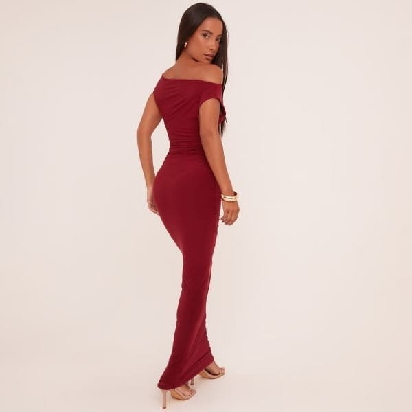 EGO Asymmetric One Shoulder Ruched Detail Maxi Dress In Wine Slinky, Women's Size UK 4 - 2