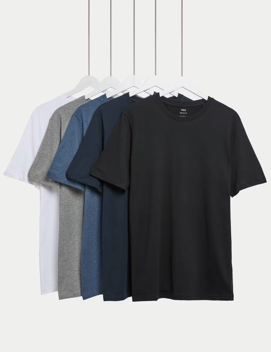 Marks & Spencer M&S 5 Pack Pure Cotton Crew Neck T-Shirts Apricot Mix - 1