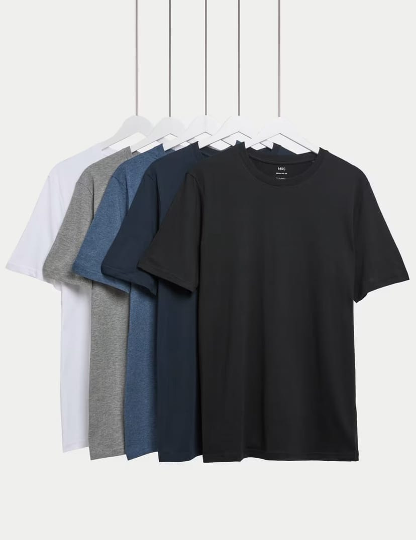 Marks & Spencer M&S 5 Pack Pure Cotton Crew Neck T-Shirts Apricot Mix - 1