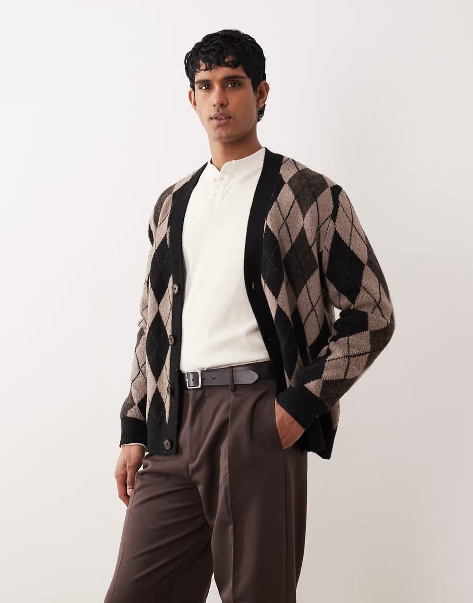ASOS ONLY & SONS drop shoulder argyle cardigan in brown