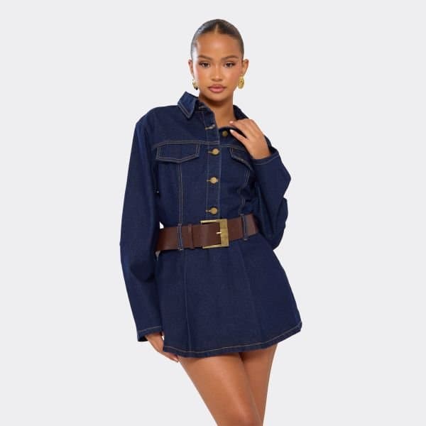 EGO Long Sleeve Belted Button Down Mini Dress In Indigo Blue Denim, Women's Size UK 6