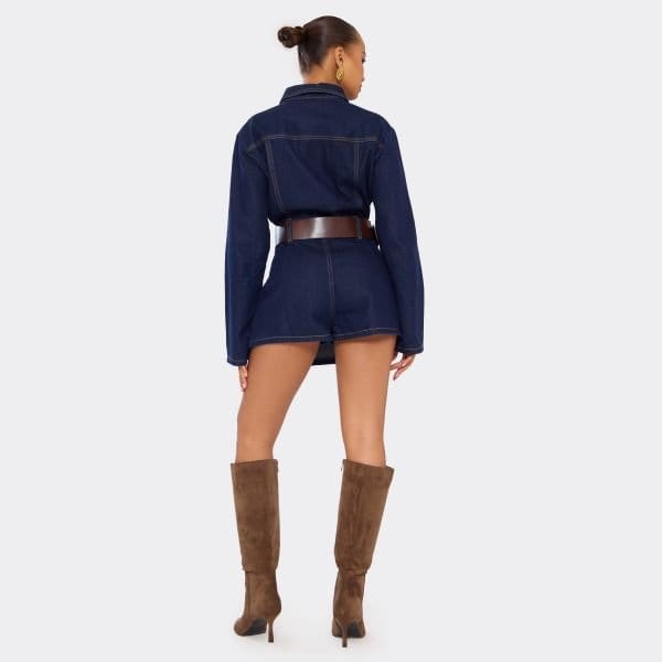 EGO Long Sleeve Belted Button Down Mini Dress In Indigo Blue Denim, Women's Size UK 6 - 2