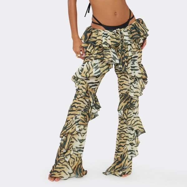 EGO Tie Waist Frilled Detail Trousers In Multi Tiger Print, Women's Size UK 6 - 2