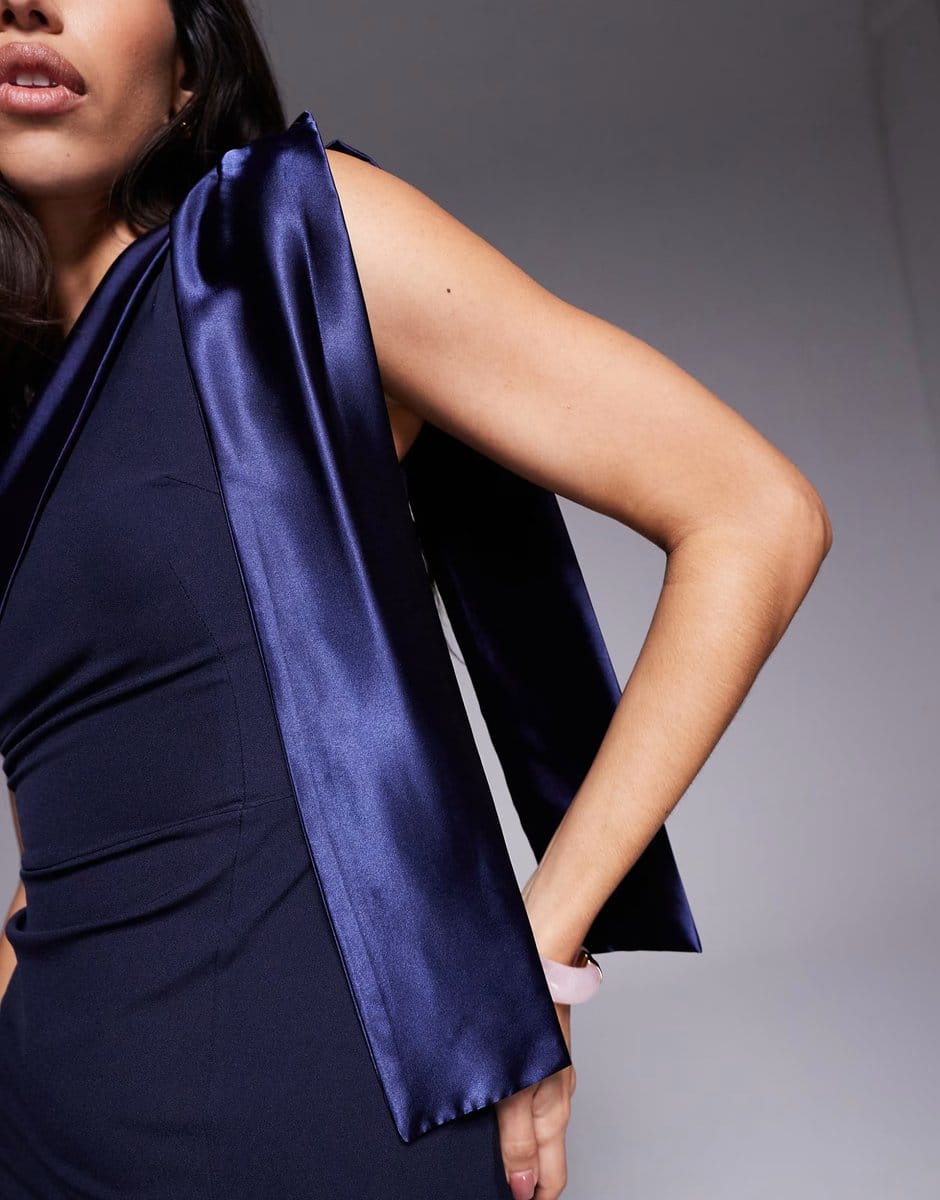 ASOS Vesper One shoulder maxi dress with satin drape in navy - 4