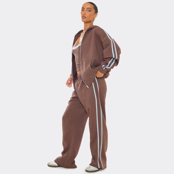 EGO Low Rise Contrast Side Stripe Straight Leg Joggers In Chocolate Brown, Women's Size UK 6 - 2