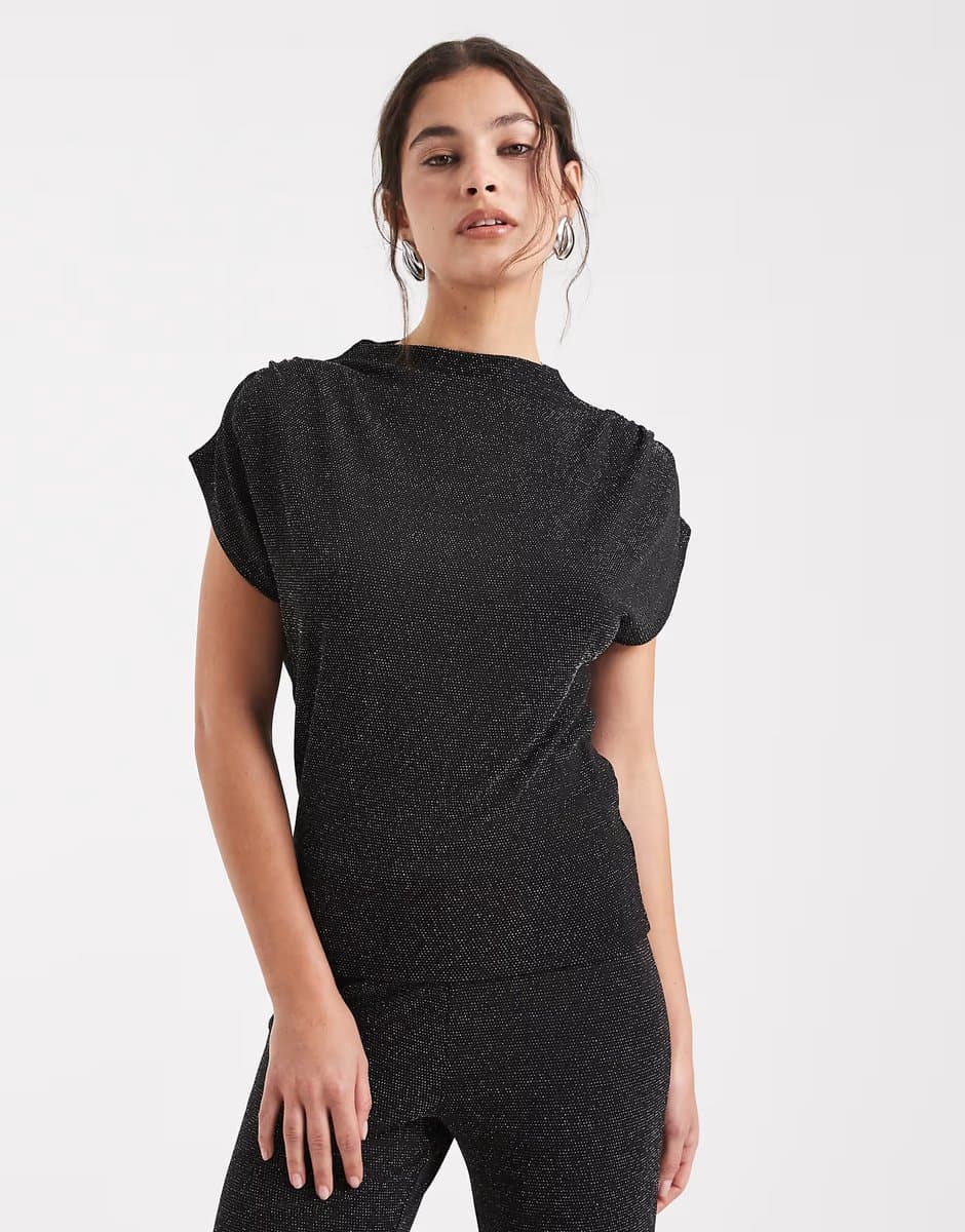 ASOS Vero Moda glitter sleeveless slash neck top co-ord in black and silver