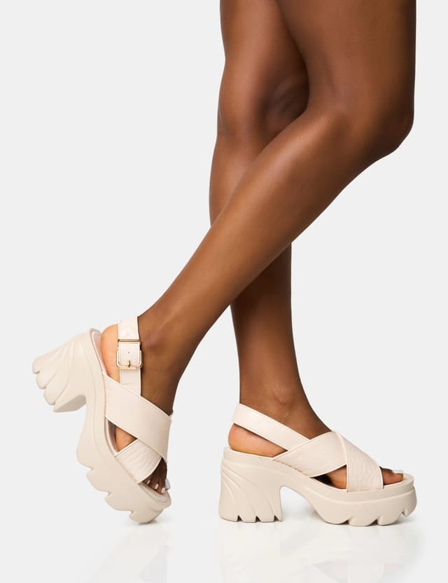 Public Desire Flare White Cross Strap Chunky Mid Heel Sandals - 2
