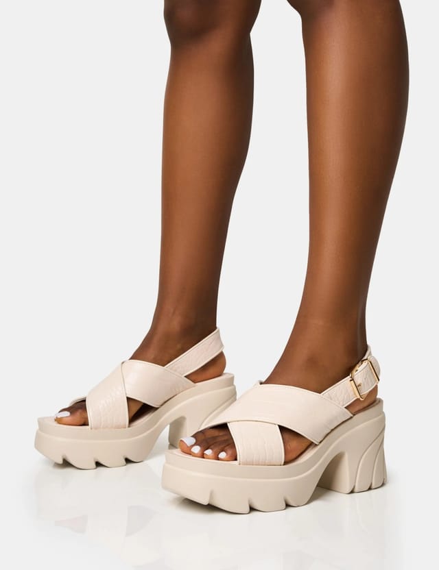 Public Desire Flare White Cross Strap Chunky Mid Heel Sandals - 3
