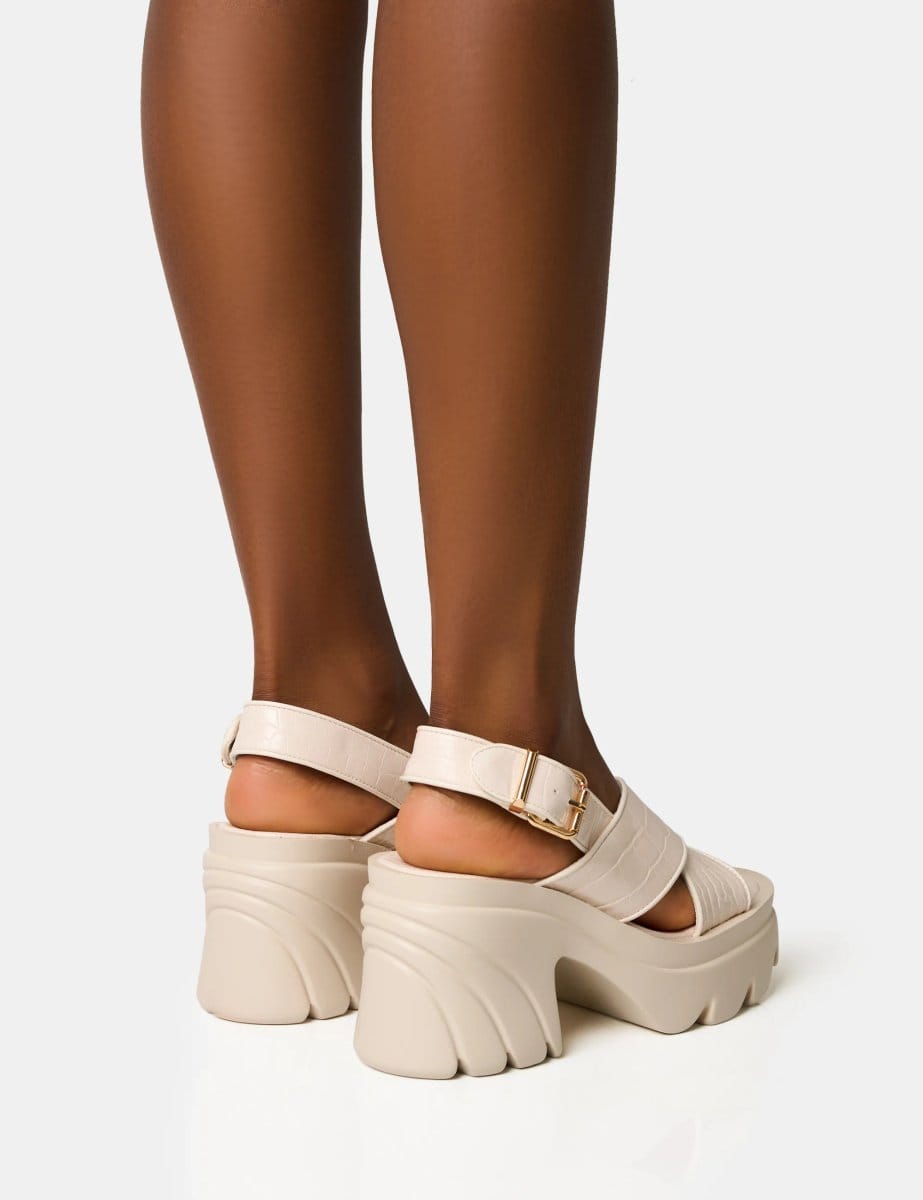 Public Desire Flare White Cross Strap Chunky Mid Heel Sandals - 4