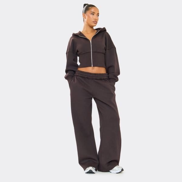 EGO Low Rise Distressed Detail Wide Leg Joggers In Chocolate Brown, Women's Size UK 8 - 1