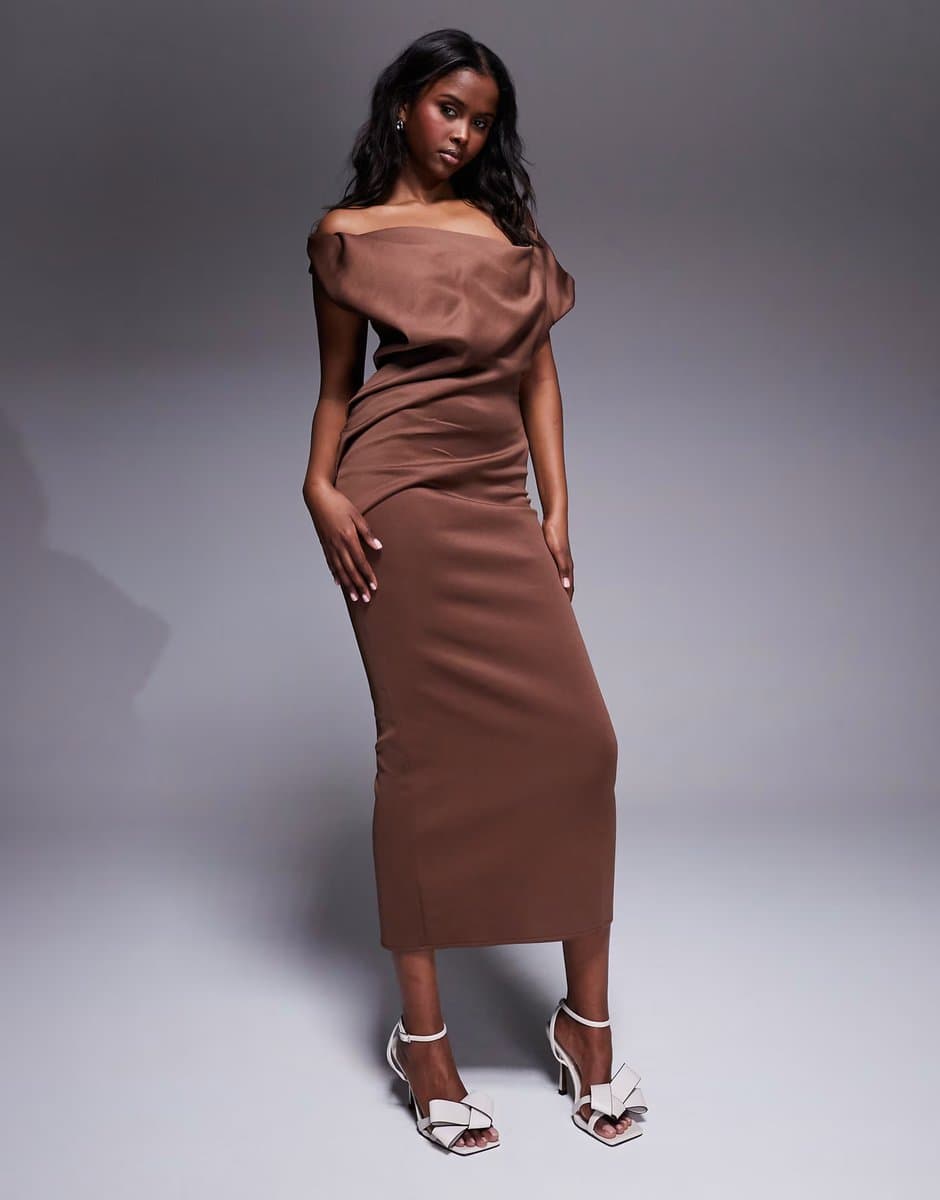 ASOS ASOS DESIGN  pleated fallen shoulder midaxi dress with asymmetric back in chocolate in scuba-style fabric