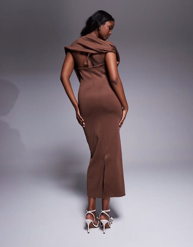 ASOS ASOS DESIGN  pleated fallen shoulder midaxi dress with asymmetric back in chocolate in scuba-style fabric - 3