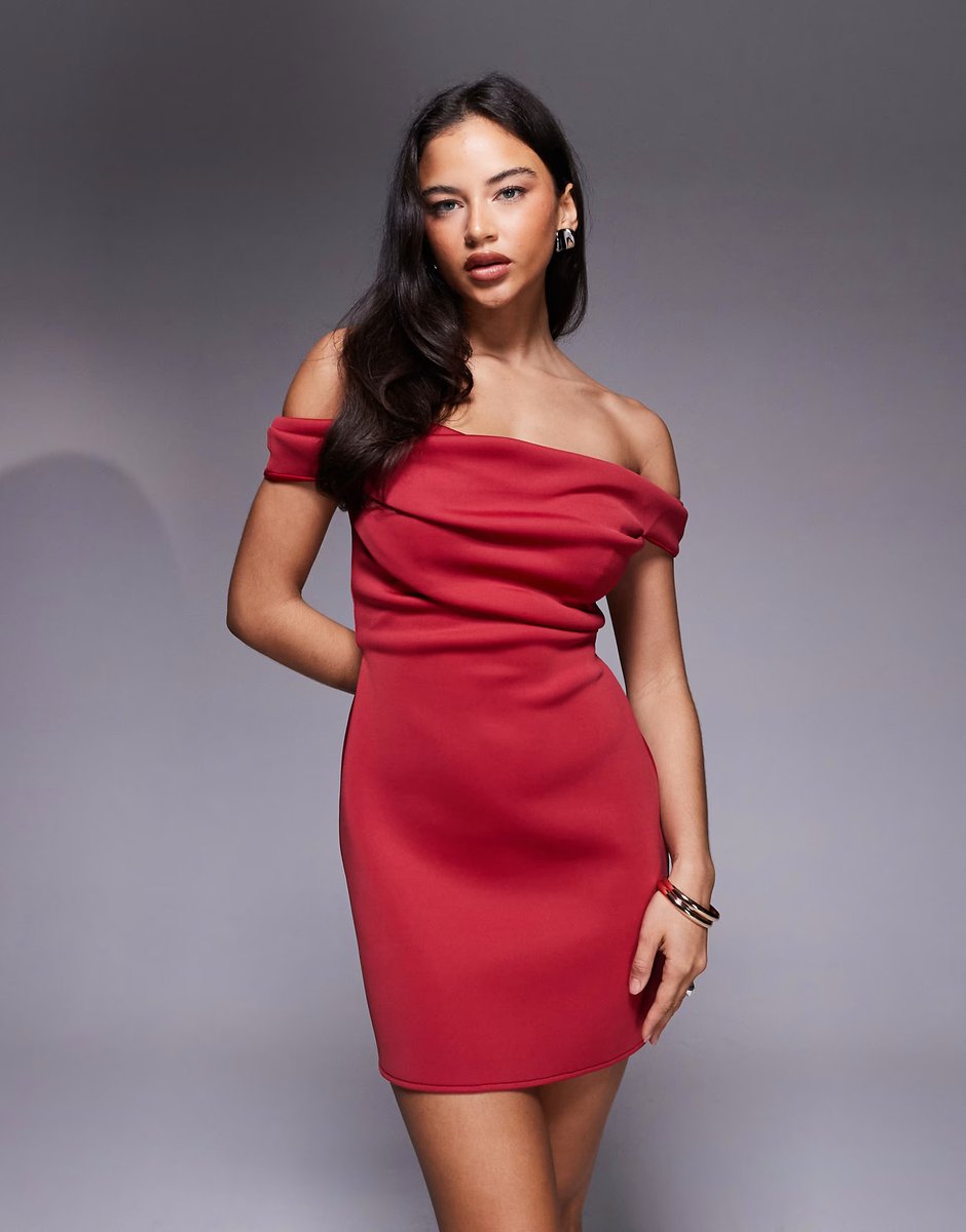 ASOS ASOS DESIGN bardot off shoulder mini dress in dark red scuba-style fabric - 3