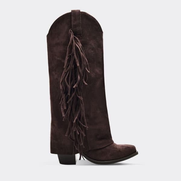 EGO Vegas Side Fringe Layered Detail Knee High Western Cowboy Boot In Brown Faux Suede, Women's Size UK 3