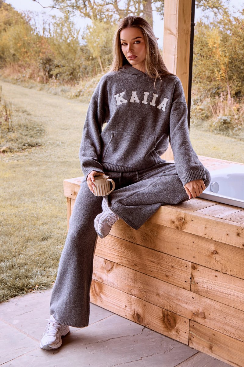 Kaiia Kaiia Logo Knit Wide Leg Trousers Charcoal - 2