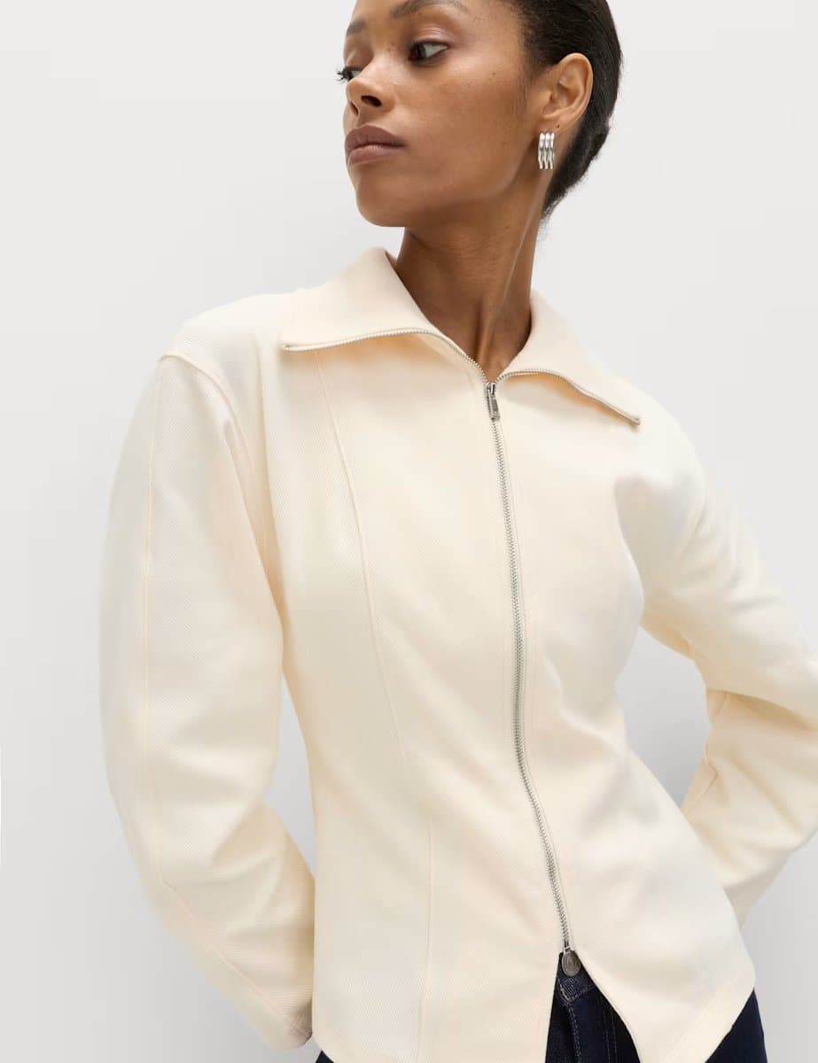 Marks & Spencer M&S Cotton Rich Waisted Zip Through Sweatshirt Ivory