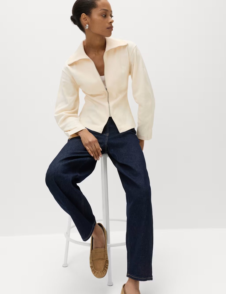 Marks & Spencer M&S Cotton Rich Waisted Zip Through Sweatshirt Ivory - 2