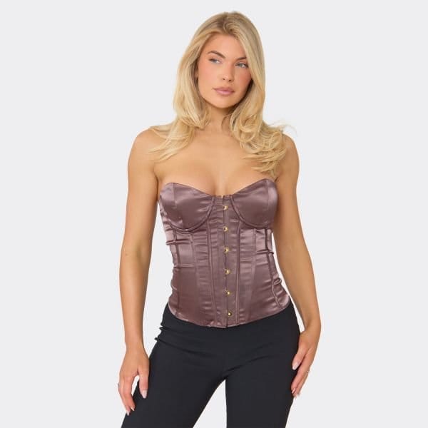 EGO Bandeau Hook And Eye Corset Top In Chocolate Brown Satin, Women's Size UK 6 - 1