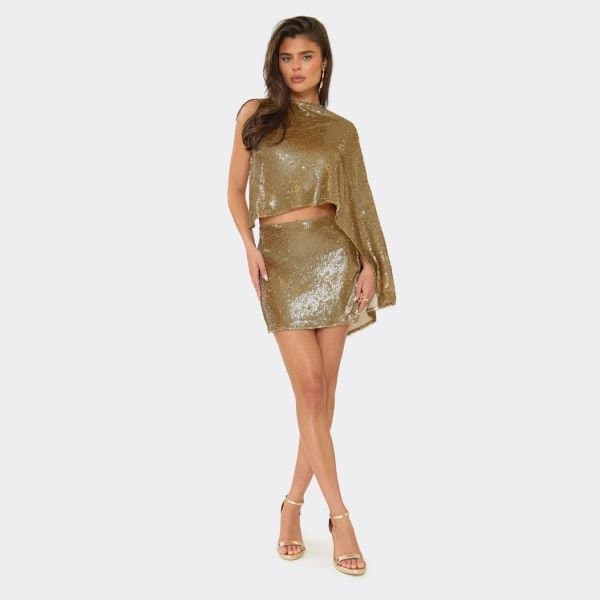 EGO Low Waist Fitted Mini Skirt In Gold Sequin, Women's Size UK 6